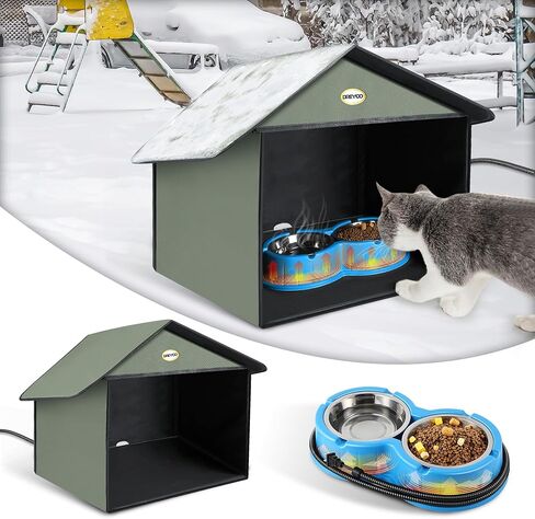 Dreyoo Outdoor Cat Feeding Station with Heated Cat Water Bowl, Weatherproof Kitty Dining Room Outdoor with Heated Pet Bowl for Food and Water, Feral Cat Feeding Station Cat Shelter(Blue) in Saudi Arabia