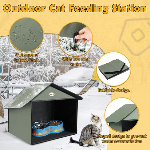 Dreyoo Outdoor Cat Feeding Station with Heated Cat Water Bowl, Weatherproof Kitty Dining Room Outdoor with Heated Pet Bowl for Food and Water, Feral Cat Feeding Station Cat Shelter(Blue) in Saudi Arabia