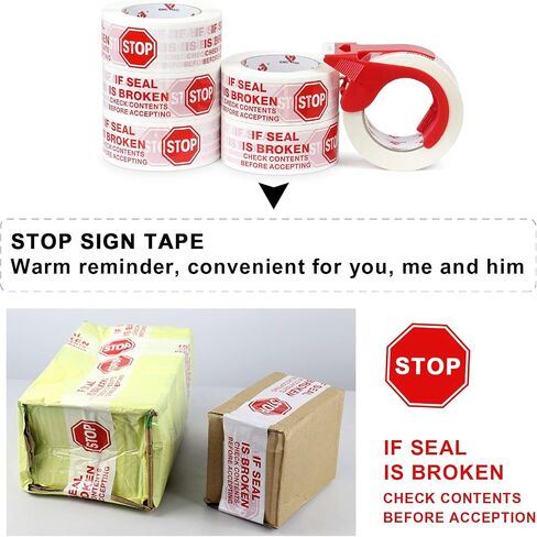 Stop Sign Sealing Tape Pre-Printed IF Seal is Broken,Check Contents Before Accepting,Heavy Duty Packing Tape with Dispenser 2 Inch x 110 Yards,Packaging Tape for Moving and Shipping (Brown) in Saudi Arabia