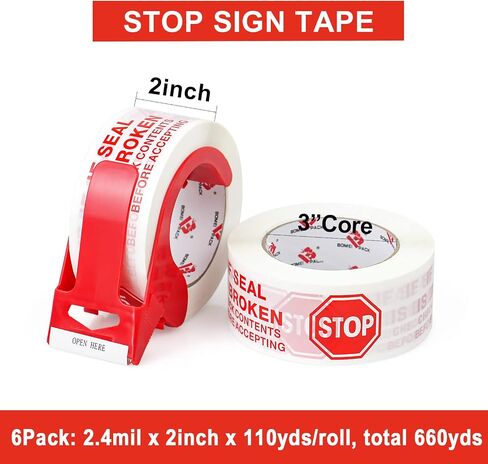 Stop Sign Sealing Tape Pre-Printed IF Seal is Broken,Check Contents Before Accepting,Heavy Duty Packing Tape with Dispenser 2 Inch x 110 Yards,Packaging Tape for Moving and Shipping (Brown) in Saudi Arabia