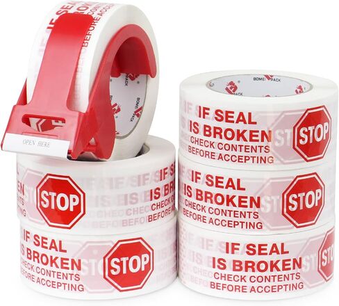 Stop Sign Sealing Tape Pre-Printed IF Seal is Broken,Check Contents Before Accepting,Heavy Duty Packing Tape with Dispenser 2 Inch x 110 Yards,Packaging Tape for Moving and Shipping (Brown) in Saudi Arabia