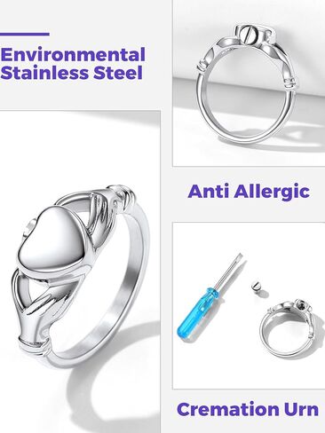 Stainless Steel Heart/Claddagh Cremation Urn Ring for Ashes for Women Waterproof Locket Rings Memorial Jewelry(with Gift Box) in Kuwait