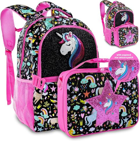 Decorably Backpack with Lunch Bag for Kids - 2Pc Set Sequined Girls Unicorn Backpack with Lunch Box with Star Unicorn Patch, Unicorn Backpack with Lunchbox Unicorn Backpack and Lunchbox in Saudi Arabia