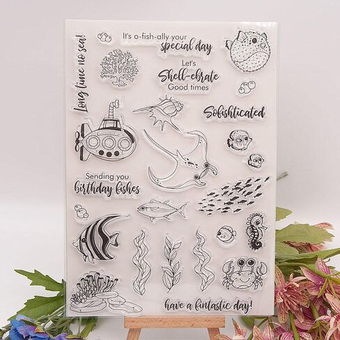 Seaweed Coral Pufferfish Fish Crab Pattern Clear Stamps Hippocampus Seahorses Transparent Seal Clear Stamps for Holiday Card Making Decoration and DIY Scrapbooking Album DIY Crafts in Saudi Arabia
