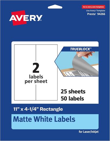 Avery TrueBlock Matte White Rectangle Labels, 11" x 4.25", 20 Matte White Labels, Laser/Inkjet Printable Labels, Great for Packaging and Product Labels in Saudi Arabia