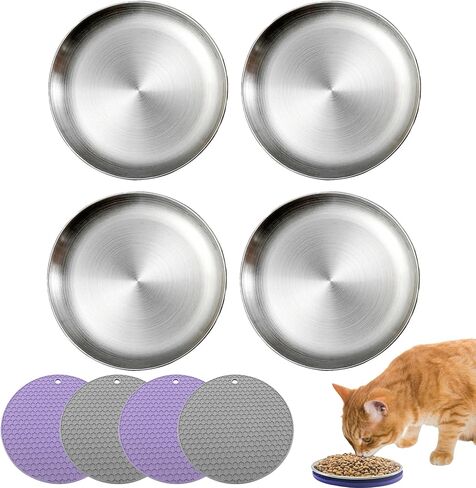 Stainless Steel Cat Food Dish Shallow Cat Bowls Whisker Fatigue Cat Metal Bowl with Non-Slip Pads Whisker Friendly Cat Plates for Puppies Cats Kittens (2 PCS, 5.31 inch) in Kuwait
