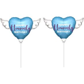 Happy Heavenly Birthday blue/purple balloons on a stick heart shaped with angel wings (2 Pack)