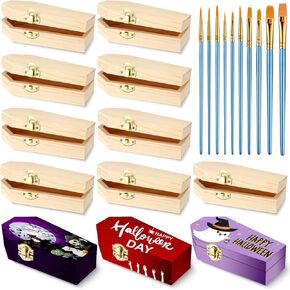Sintuff 12 Pieces Unfinished Halloween Coffin Boxes with 10 Art Brushes 6 Inch Unfinished Wood Funeral Treasure Chest with Locking Clasp for Halloween Party Decoration DIY Crafts Jewelry Box