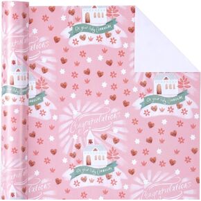 WRAPAHOLIC Communion Wrapping Paper Roll - Mini Roll - 17 Inch X 33 Feet - Pink Congratulations on Your Holy Communion for First Communion, Baby Girl Baptisms, Christenings, Religious