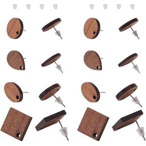 FASHEWELRY 16Pcs Wood Post Stud Earrings with Loop Teardrop Rhombus Flat Round Oval Shape Stud Earring Findings with Safety Earring Backs for Women Dangle Earring Jewelry Making