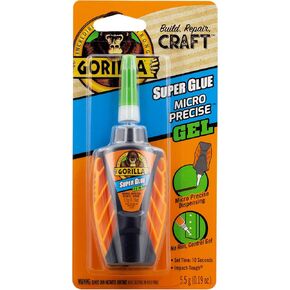Gorilla Micro Precise Super Glue Gel, Cyanoacrylate Glue, Fast Setting, Precise Dispensing Tool, Anti-Clog Cap, Clear, 5.5g, (Pack of 1)