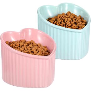 Elevated Cat Bowls, Raised Cat Bowl for Indoor Cats, Cute Heart Ceramic Tilted Puppy Food Set Supplies Whisker Friendly Anti Vomit, 2 Pack Pink+ Light Green