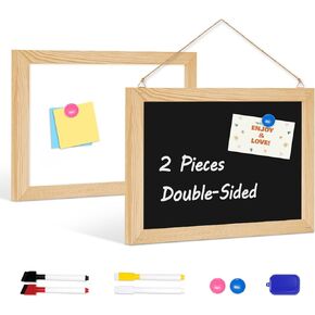 4 THOUGHT 2 Pcs 8" x 12" Double-Sided Hanging Chalkboard Whiteboard 2-in-1, Magnetic Chalk Board for Wall Wood Frame Dry Erase Board with 4 Markers 2 Magnets 1 Eraser Home Kitchen Cafe