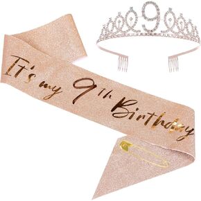 9th Birthday Sash and Tiara Set Rose Gold Birthday Sash Crown Birthday Party Favors Supplies for Girls Birthday Party, Pink