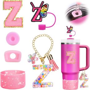 Mity rain 6PCS Cup Accessories Set for Stanley Cup 30oz 40oz, Tumbler Initials Decorations for Stanley, Including Silicone Straw Cover Cap and Boot, Spill Proof Stopper, Handle Charm, Sticker,Letter K