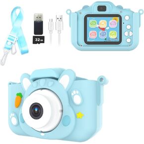 Kids Camera Toys, Upgraded 4800P Dual-Camera Children Digital Video Camcorder Camera with Soft Silicone Cover, Birthday Festival Gift for 3-8 Year Old Kids, 32G SD Card Included (Rabbit Blue)
