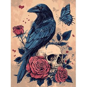 VAIIEYO 5D DIY Diamond Art Kits for Adults Skull, Diamond Painting Crow, Paint by Numbers Full Drill Round Rhinestone Craft Canvas for Home Wall Decor Gift 12x16 inch-50