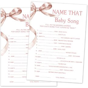Name That Baby Song Baby Shower Game Set, 30 Pink Bow Baby Shower Game Cards with Answer Card, Game Cards for Baby Announcement Gender Reveal, Baby Shower Party & Activities Supplies -P01