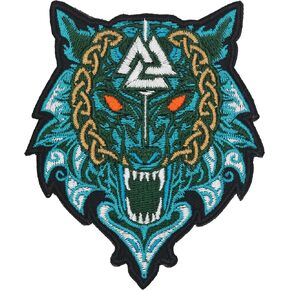 Green Viking Wolf with Odin Valknut Symbol Embroidered Iron on Patch, EIP002