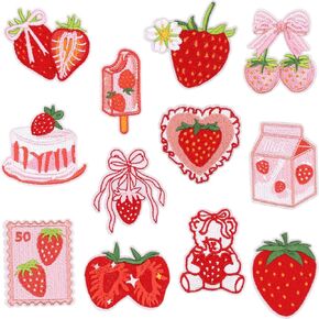 LAESEAU 12PCS Strawberry Iron on Patches for Clothes, Cute Pink Shortcake Fruit Embroidered Iron on Clothing Repair Patches DIY Craft Accessories for Women Girl Kids Hats Jeans Backpacks (Strawberry)