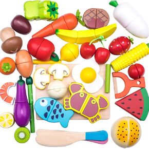 iPlay, iLearn Wooden Play Food Toy, Kids Wood Cutting Magnetic Fruit Vegetables, Toddler Cooking Pretend Play Kitchen Food Set, Montessori Educational Birthday Gift for Age 3 4 5 6 7 Year Old Girl Boy