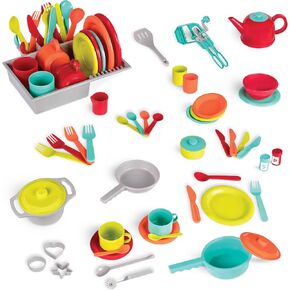 Battat – Play Kitchen & Market – Toddler-Friendly Size – Chalkboard Menu & Oven Dials – 25 Toy Cooking Accessories – 2 Years + – Two n' One Cookin' Fun