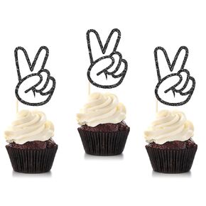 Spakon 24 Pieces Peace Sign Cupcake Toppers Peacekeeper Cupcake Picks Glitter Peace Hand Sign Cake Topper Decoration for 2nd Birthday Party Anniversary Supplies(Black)
