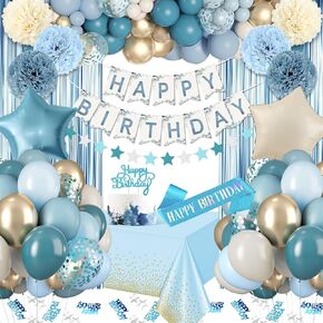 Blue Birthday Decorations, Blue Party Decorations with Dusty Blue Balloons Birthday Sash Happy Birthday Banner Tablecloth Fringe Curtain Blue and Gold Party Decorations for Men Women Boys Girl Bday