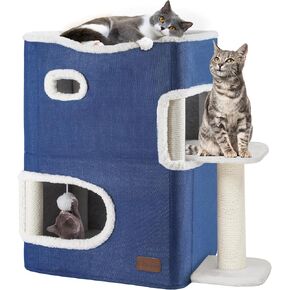 Yitahome 2 من طابقين Cat House ، مسرح كهف كهف داخلي ، أسرّة وأثاث القط المغطى مع وسادة الخدش وكهف المخبأ ، أثاث الشقة الحديثة اللطيفة للقطط الصغيرة ، الرمادية ، الرمادي