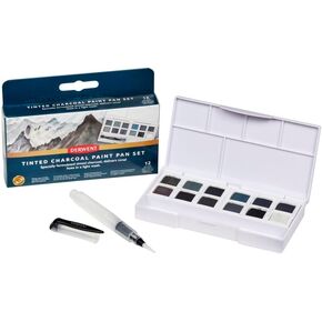 Derwent Tinted Charcoal Paint Pan Set, 12 Paints, Professional Quality, Water Soluble, Blendable, Portable, Includes Palettes, Mini Waterbrush & Cleaning Sponge (2305872)