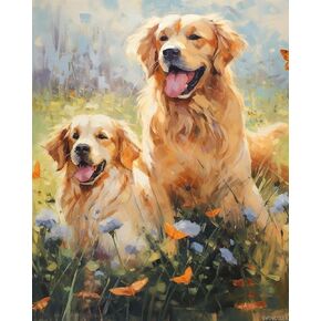 Svinoiler Golden Retriever Butterfly Flower Field ، الطلاء بأرقام للبالغين ، 16 × 20 بوصة من الكتان القماش الأكريليك DIY مجموعات الطلاء الجدار ديكور الهدايا