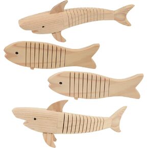Wooden Fish Unfinished Wooden Shark Fish Jointed Flexible to Paint Blank Model Crafts for Arts and Crafts, Themed Birthday Party Supplies 4 pcs