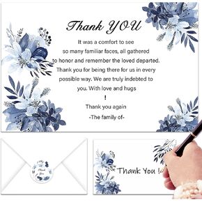 50 Pack Funeral Thank You Cards with Envelopes & Seal Stickers 4''× 6'' Sympathy Thank You Cards with Message Inside Blue Watercolor Flowers Bereavement Cards for Funeral Family Friends Loved Ones