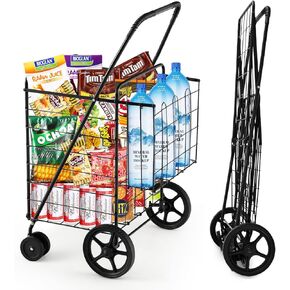 Folding Shopping Cart, Grocery Cart with Swiveling Wheels & Non-Slip Handle, Rolling Trolley with Double Storage Baskets, Utility Metal Carts for Shopping Laundry Luggage Groceries (Black)