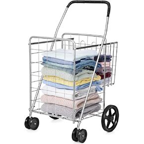 Folding Shopping Cart, Grocery Cart with Swiveling Wheels & Non-Slip Handle, Rolling Trolley with Double Storage Baskets, Utility Metal Carts for Shopping Laundry Luggage Groceries (Black) in Saudi Arabia