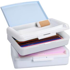 2 Pack Double Layer Pencil Box, Hard Pencil Case with Snap-tight Lid, Plastic Pencil Box, Crayon Box Storage, Plastic Pencil Box for Office & School Supplies, Pens, Pencils, Erasers (Pink & Blue)