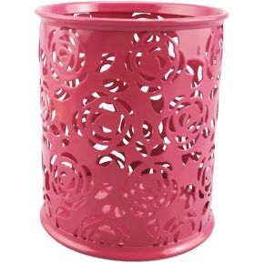 yueton Hollow Rose Flower Pattern Metal Pen Pencil Pot Cup Holder Desk Container Organizer (Hot Pink)