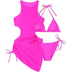 Pinup Fashion Three Piece Swimsuits Women Purple Colorful Halter Bathing Suit with Beach Mesh Cover Up Set S-XL in Kuwait