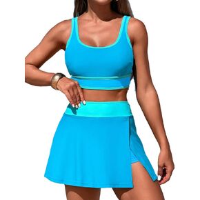 Women's High Waisted Bikini Sets Tummy Control Swim Skirt Two Piece Swim Suit Tummy Control Color Block Bathing Suit