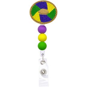 King Cake Mardi Gras Silicone Beaded Retractable Badge Reel, with Alligator Clip,24in Nylon Cord, Nurse Office Employee Name Badge