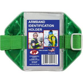 Reflective Purple Armband Badge Holder, Purple Stretch Band, Blue Buckle, Fits 2 3/4" x 4 1/8" Cards, Top Slit, Made in USA