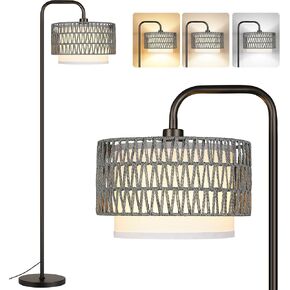 PARTPHONER 68‘’Floor Lamp for Living Room, Tall Standing Lamp with Remote 3 Color Temperatures Dimmable Bulb, Grey Rattan and Fabric Dual Shades