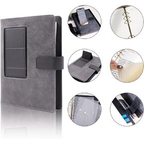 Deziliao 6 Ring Binder Refillable Business Notebook for Men/Women, Padfolio Portfolio Binder Organizer, Work Organizer Notebook with Pen Holder, Multi-Function Pocket, Mobile Phone Holder（Gray）