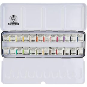 Schmincke - AKADEMIE®AQUARELL Watercolor Box, Full Assortment 24 x 1/2 Pans, 75 424 097, Metal Box, Highly lightfast Colors, fine Artists' Watercolors
