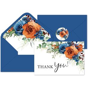 Whaline 36Pcs Dusty Blue Floral Thank You Cards with Envelopes and Stickers Blue Rose Greeting Cards Blank Note Cards for Weddings Bridal Shower Baby Shower