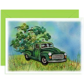 St Patrick day's Card, Green Truck Card, Seasonal Holiday Quilling Card, Artful Greeting Card, St Patricks, Saint Patrick's Quilled Cards for Family, Friend, Husband, Wife (Green Truck)