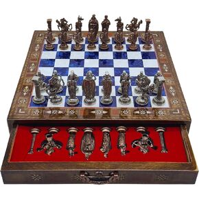 15’’ Handmade Chess Set with British Army Metal Chess Pieces, Luxury Storage Chess Board, for All Ages, Ideal for Father, (Blue) in Saudi Arabia