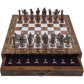 15’’ Handmade Chess Set with British Army Metal Chess Pieces, Luxury Storage Chess Board, for All Ages, Ideal for Father, (Blue)