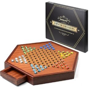 VAMSLOVE Large 17" Chinese Checkers Board Game for 2-6 Player Wooden Game Board, 16mm 60+12 Colorful Glass Marbles, Easy Grasping for Adults and Kids, w/Storage Drawer, Fun for Family Gathering