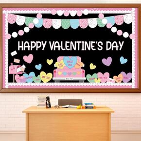 Valentine's Day Bulletin Board Set Classroom Decorations Pastel Happy Valentines Bulletin Board Border Pink Heart Cutouts Candy Truck Kit for School Home Chalkboard Wall Door Decor Party Supplies